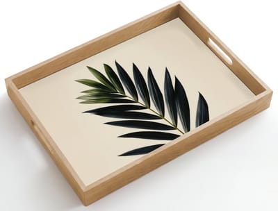 Dienblad hout 50x35 cm - Schootdienblad - Palmblad - Donkere bladen - Subtiel - Borrelplank rechthoek - Plateau dienbladen