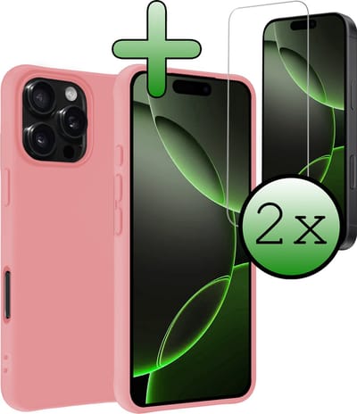 Hoesje Met 2x Screenprotector - Geschikt voor Apple iPhone 16 Pro - Sterk & Shockproof - Back Cover - Siliconen Case - Telefoon Hoes - Lichtroze