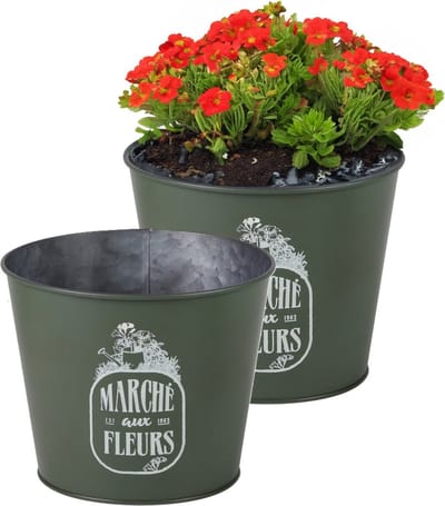 Sunnydays /plantenpot/bloempot - 2x - zink - legergroen - D17 x H14 cm