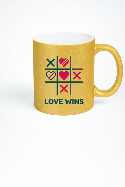 Love Wins Mok | Gouden Glitter Beker met Hartjes Tic Tac Toe Design | Romantisch Cadeau voor Liefde & Positiviteit