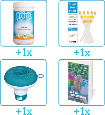 Zwembad Onderhoudspakket - Onderhoud Zwembad - bevat Chloor - Testrips - Chloordrijver en Zwembadgids (4-delig)