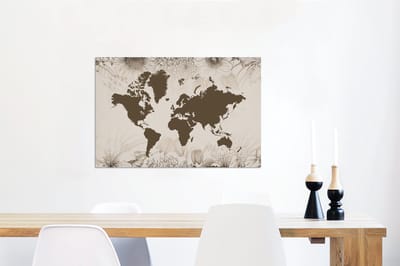 Aluminium schilderij 90x60 cm - Wanddecoratie metaal - Wereldkaart - Vintage - Bloemen - Metalen muurdecoratie woonkamer - Decoratie industrieel - Foto op dibond - Industriële accessoires slaapkamer
