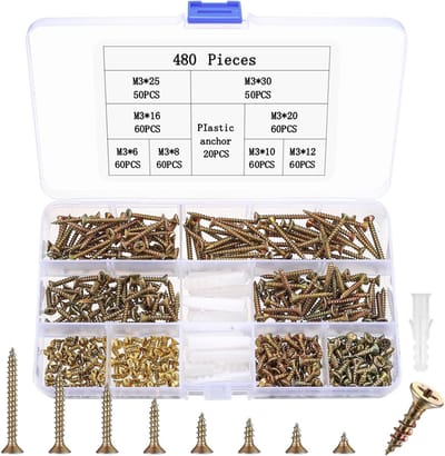 Dailygoods - Assortiment 480 stuks houtschroeven, M3 zelftappende schroevenset, universele schroeven, kruiskop schroeven, volledige schroefdraad, verzonken kopschroeven, set voor doe-het-zelf projectreparatie