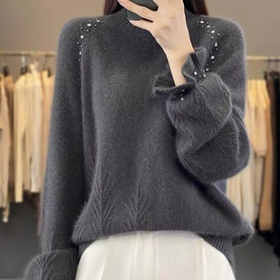 Pull d'automne et d'hiver pour femmes, épais, ample, paresseux, col semi-haut, manches princesse, pull de base en cachemire M gris