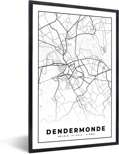 Fotolijst incl. Poster Zwart Wit- Stadskaart – Zwart Wit - Kaart – Dendermonde – België – Plattegrond - 40x60 cm - Posterlijst