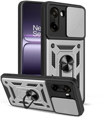 Coverup Hoesje - Geschikt voor OnePlus Nord CE5 Hoesje - Coverup Armor Ring Kickstand Back Cover met Camera Shield - Zilver