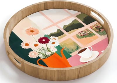 Dienblad rond 40x40 cm - Schootdienblad hout - Bloemen - Koffie - Raam - Borrelplank rechthoek - Plateau houten dienbladen