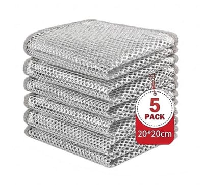 5 stuks multifunctionele dubbellaagse reinigingsdoeken, multifunctionele metaaldraaddoek, Metallic Scratch Resistant Multi-Purpose Wet and Dry Dish Cloths, Reusable Dish Cloths for Kitchen Cleaning,20*20 cm
