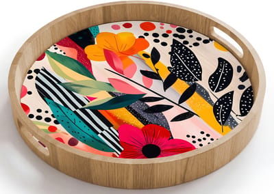 Dienblad rond 40x40 cm - Schootdienblad hout - Bloemen - Bladeren - Abstract - Kleurrijk - Borrelplank rechthoek - Plateau houten dienbladen