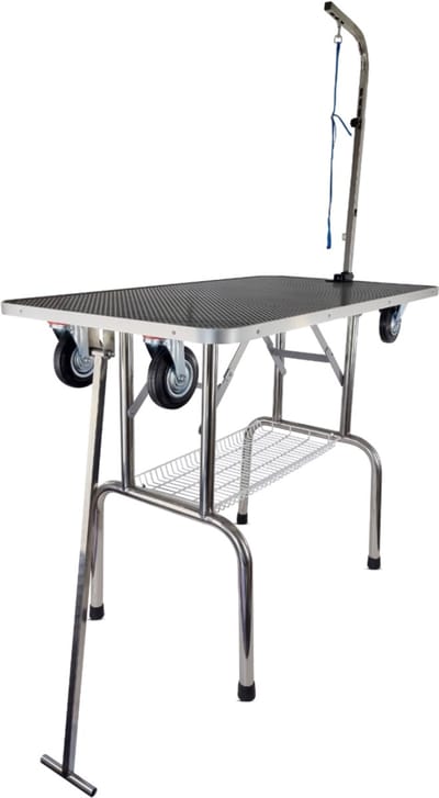 Trimtafel Pro - Met Trolley Functie - Zilver - Met Mandje - Met Enkele Trimarm en Trimlus - Voor Hond en Puppy - Hondenverzorging - Inklapbaar - 4 Zwenkwielen - Werkblad 110 x 60 cm - Hoogte 84 cm