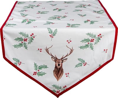 Clayre & Eef Tafelloper Kerst 50x160 cm Wit Rood Katoen Hert Hulstbladeren Tafelkleed