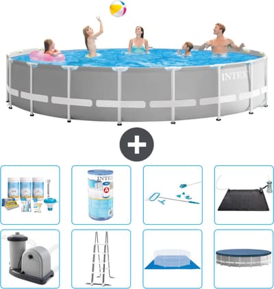 Intex Rond Prism Frame Zwembad - 548 x 122 cm - Grijs - Inclusief Pomp - Ladder - Grondzeil - Afdekzeil Onderhoudspakket - Filter - Schoonmaakset - Solar Mat