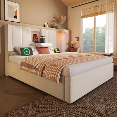 90x200 cm gestoffeerd bed - eenpersoonsbed - met verborgen bekerhouder en oplaadstation - met opbergruimte - beige - zonder matras