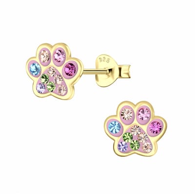 WeLoveSilver - goldplated oorstekers - dierenpoot met kristallen - 6x6mm