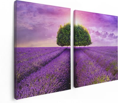 Artaza Canvas Schilderij Tweeluik Groene Boom In De Lavendel Bloemen - 120x80 - Foto Op Canvas - Canvas Print