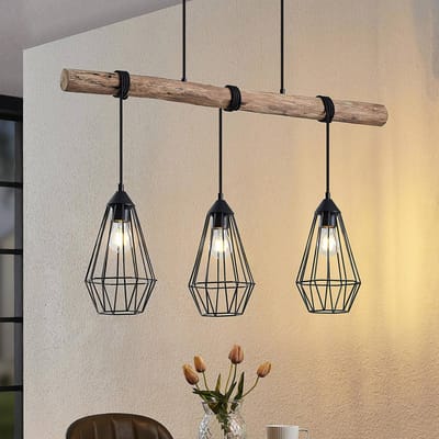 Lindby - hanglamp - 3lichts - Metaal, hout - H: 25.6 cm - E27 - matzwart, licht hout