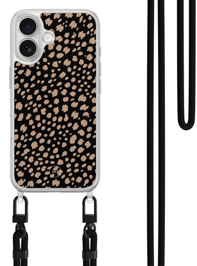 Hoesje met koord geschikt voor iPhone 16 - Savannah spots - Inclusief zwart koord - Crossbody beschermhoes - Transparant, Zwart, Bruin - Mooie Telefoonhoesjes