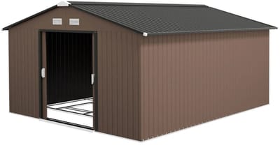 Tuinschuur - 386x340x200 cm - 12,4m³ - Gegalvaniseerd Staal - Tuinhuisje - Gereedschapsschuur - Opslagruimte Tuin - Tuingereedschap Bewaren - Buitenschuren - Fietsenberging - Tuinhuis met Ventilatiesleuven en Schuifdeur - Bruin