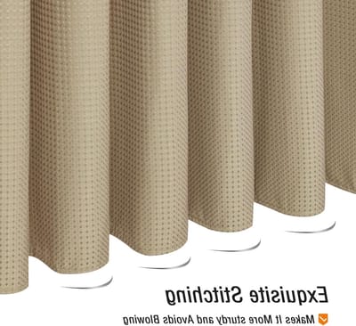 Douchegordijn Set voor Badkamer met 12 Haakjes, Schimmelbestendig en Wasbaar, Wafelstof in Beige (180x180cm)