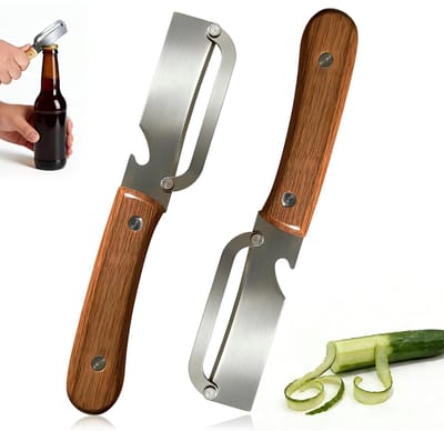 Thijox - 2 stuks Dunschiller met Houten Handvat, Universele Groenteschiller van Roestvrij Staal met Flesopener, 2-in-1 Aardappelschiller en Fruitschil