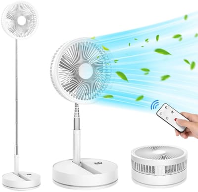 Statiefventilator-vloerventilator-tafel ventilator geluidloos -telescopische opvouwbare staande ventilator voor thuisgebruik met oplaadfunctie - Draagbaar, stil, lange batterijduur, mini USB-oplaadbaar - Wit - 22x22x10,5 cm