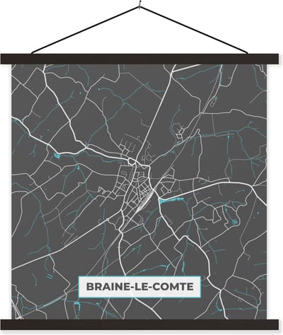 Posterhanger incl. Poster 60x60 cm - Schoolplaat - Plattegrond – Braine le Comte – Blauw – Stadskaart - Kaart - Textielposter - Zwarte latten - Stadskaart