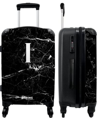 NoBoringSuitcases.com - Zwarte marmer koffer met initialen - Grote reiskoffer zwart letter I - Trolley op wieltjes 60 liter - Rolkoffer groot - Ruimbagage valies 20kg - Valiezen voor volwassenen medium - Luggage suitcase middelgroot - Bagagekoffer