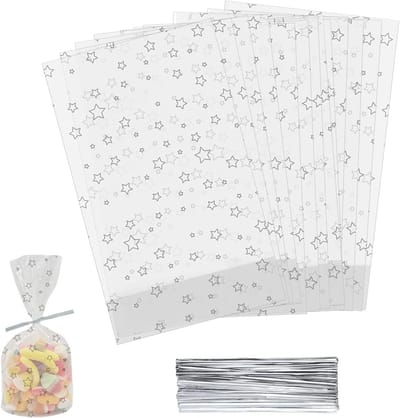 Set van 100 Doorzichtige Cellofaan Tassen Groot 25 x 15 cm voor Snoep, Cadeaus en Feestjes met 100 Kleurrijke Strikken