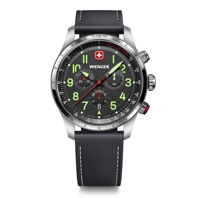 WENGER TERRAGRAPH CHRONO Chronographe Boîtier en Acier Inoxydable Noir Cuir Noir Quartz 100m Étanche Montre Homme Terragraph, (316L), Cadran, Bracelet, Mouvement, gray
