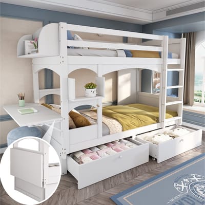 MODENUIT Kinderstapelbed 90x200 cm – Met Inklapbaar Bureau en Plank – 2 Laden en Trap – Zonder matras – Massief Hout – Wit