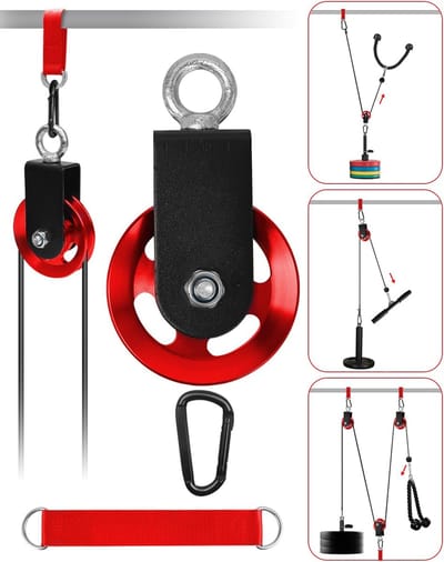 katrol 90mm, kabelrol fitness met U-houder, blok katrolrollen voor stelkabels DIY gym fitnessapparatuur, kabelmachine draadkabelrol met karabijnhaak verbindingsriem, rood