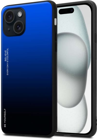 Cadorabo Hoesje geschikt voor Apple iPhone 15 in BLAUW - ZWART - Tweekleurige beschermhoes van TPU-silicone Case Cover en achterzijde van gehard glas
