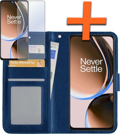 Hoes - Met Screenprotector - Geschikt voor OnePlus Nord CE 3 Lite - Luxe Pasjeshouder - Bookcase Portemonee - Flip Case - Kunstleer Book Case - Flipcase - Book Cover - Walletcase - PortemonneeHoes - Donkerblauw