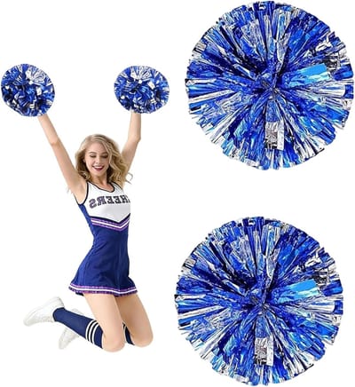 Set van 2 Cheerleader Pompoms met Metallic Handvatten en Mooie Bloemige Ribbons voor Sport, Dans en Feestjes, Geschikt voor Volwassenen en Kinderen (Blauw)