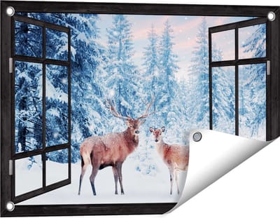Gards Tuinposter Doorkijk Twee Herten in het Bos met Sneeuw - 60x40 cm - Tuindoek - Tuindecoratie - Wanddecoratie buiten - Tuinschilderij