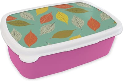Broodtrommel Roze - Lunchbox - Brooddoos - Bladeren - Herfst - Vintage - Pastel - Patroon - 18x12x6 cm - Kinderen - Meisje