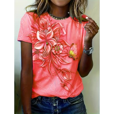 Vêtements d'été de rue T-shirt pour femme à manches courtes imprimé fleur 3D T-shirt à manches courtes tendance et innovant 6XL red