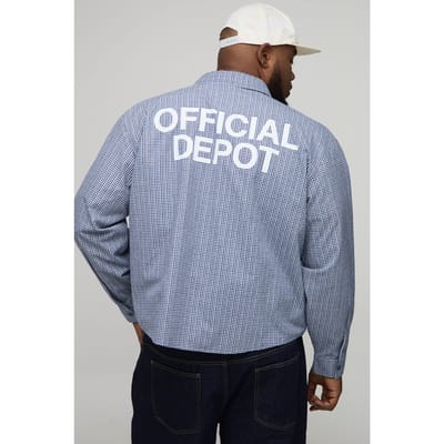 Plus Oversized Boxy Official Depot Print Micro Geruite Shirt | Blue | Size 2XL