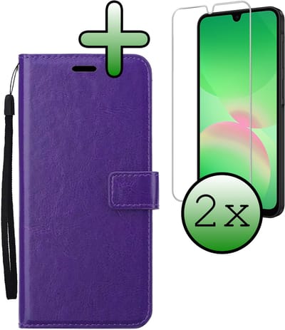 Hoesje Met 2x Screenprotector - Geschikt voor Samsung Galaxy A26 - Luxe Pasjeshouder - Bookcase Portemonee - Flip Case - Kunstleer Book Case - Flipcase Hoes - Book Cover - Walletcase - Portemonneehoes - Paars