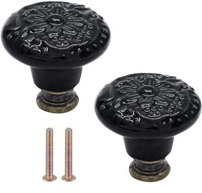 Set van 2 Kastknoppen met Zwarte Bloem - Meubelknoppen Keramiek Rond - Vintage/Antiek handgreep voor deur en lade