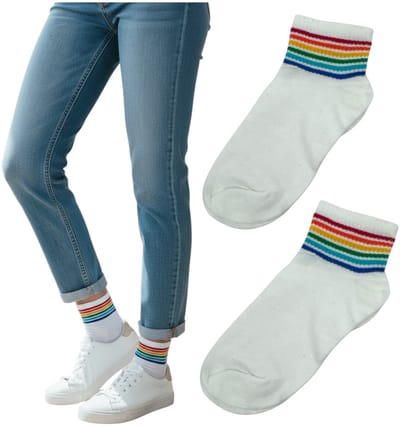 Witte Enkelsokken met Regenboogstrepen - One Size – Fris, Comfortabel & Vrolijk (1 Paar)