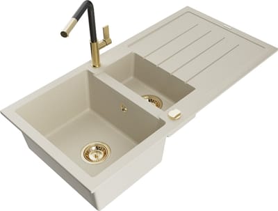 Mexen Andres granieten gootsteen met 1,5 kamers, afdruiprek en Flora keukenkraan, beige - 6515-69-670401-57-G