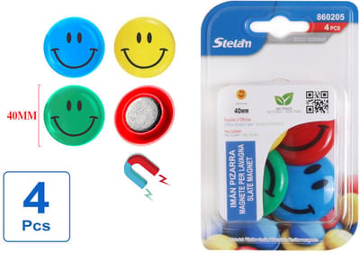 Decopatent - 4 Stuks Smiley Whiteboardmagneten - Stelam Whiteboard Magneten - 40mm Breed - Gekleurde Ronde Vrolijke gezichten magneet - Magneet voor Whiteboard, Magneetbord, Memobord, Magnetisch Tekenbord, op Koelkast - Afm: 4x4Cm