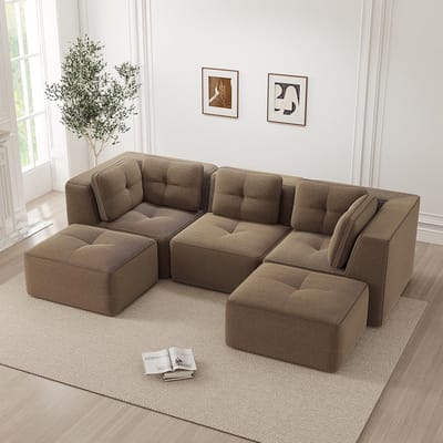 BLACKCOLORS Modulaire hoekbank zonder frame in U-vorm, sectionele bank met chaise longue, geschikt voor de woonkamer, 3-zits bank met touwbekleding en diepe zitting, geen montage nodig, bruin