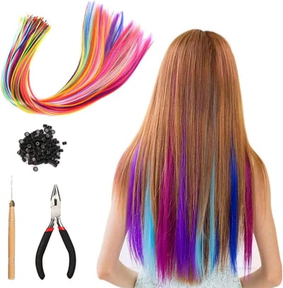Kleurige Haarverlenging Set met 100 Stukken, Clip-in Haarsstrengen voor Kinderen, Ponytail en Vlechtaccessoires, Feestelijke Haaraccessoires voor Vrouwen