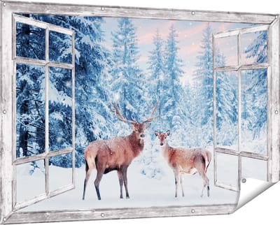 Gards Tuinposter Doorkijk Twee Herten in het Bos met Sneeuw - 150x100 cm - Tuindoek - Tuindecoratie - Wanddecoratie buiten - Tuinschilderij