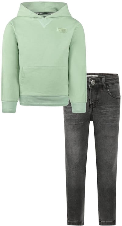 Koko Noko - Kledingset - Basic Collection - Bio Cotton - Dark grey jeans - Sweater with hood Faded green - Maat 92