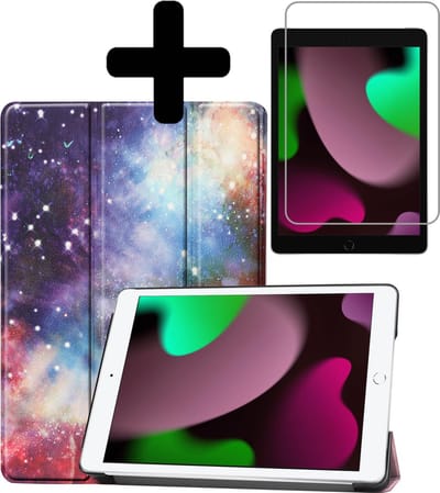 Hoes - Geschikt voor Apple iPad 9 (2021) - 10.2 inch - 9e Generatie - Met Screenprotector - Trifold Bookcase - Hard Cover - Hardcover Book Case - Tablet Hoesje - Galaxy