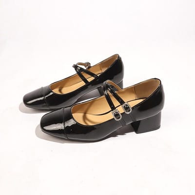 Hoge Hakken Dames Zilver Lakleer Riemgesp Middenhoge Hak Schoenen Retro Stijl Mary Schoenen met Lage Instap Dames Schoenen 40 black