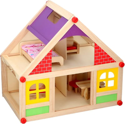 Marionette Wooden Toys - Houten Poppenhuis Incl. Meubels en Poppetjes - 11-delig